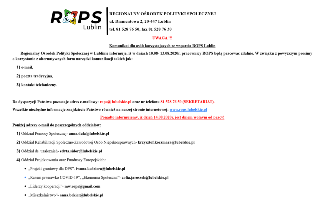 Praca ROPS Lublin w dniach 10-14.08.2020 r. !!!!
