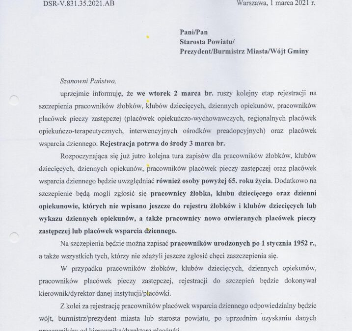 Ważna informacja odnośnie szczepień!