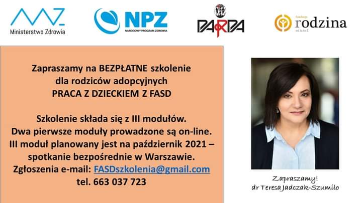 Zapraszamy na BEZPŁATNE szkolenie dla rodziców adopcyjnych PRACA Z DZIECKIEM Z FASD