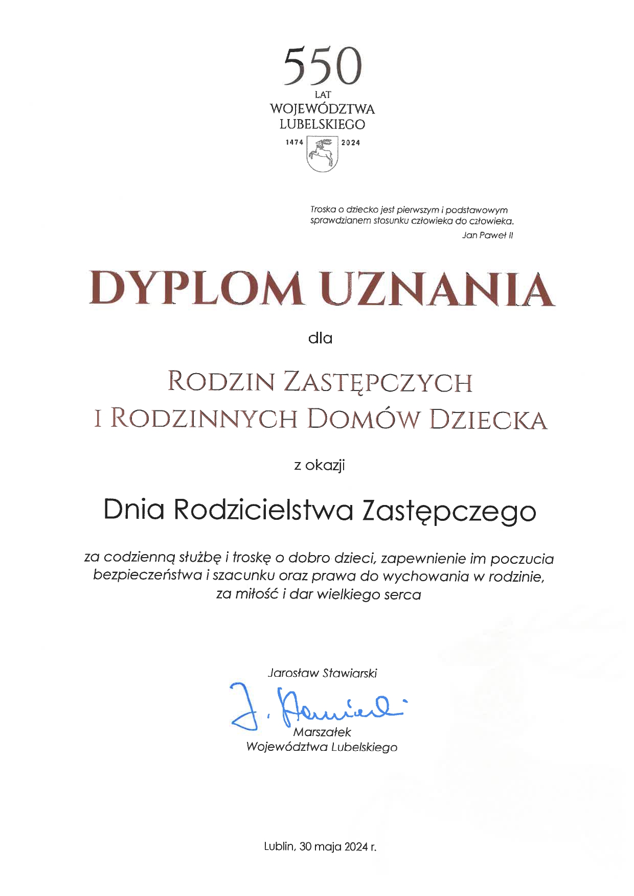 dyplom uznania na 30 maja Dzień Rodzicielstwa Zastępczego
