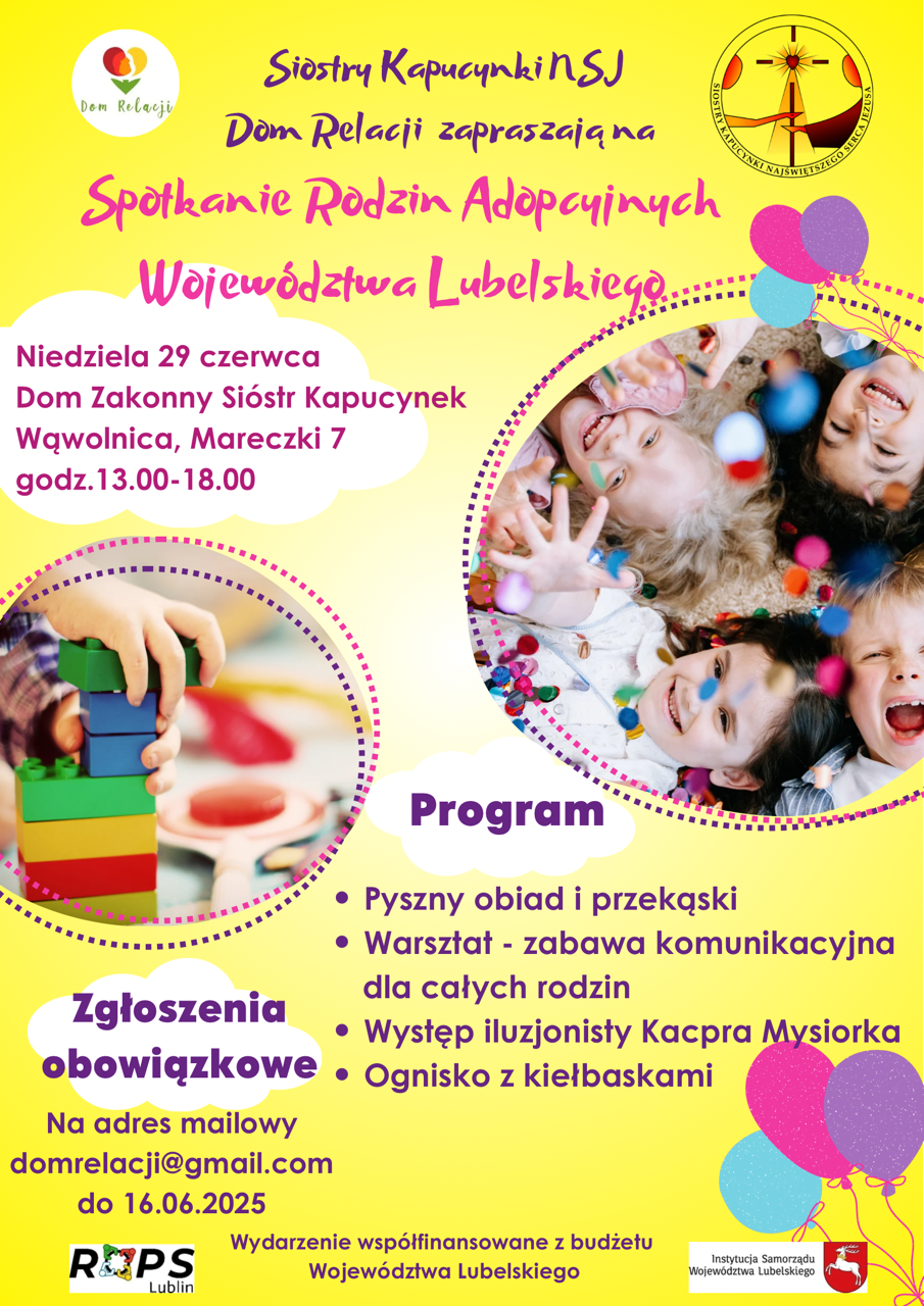 plakat z informacjami o spotkaniu Rodzin Adopcyjnych, z informacjami o miejscu spotkania oraz atrakcjach